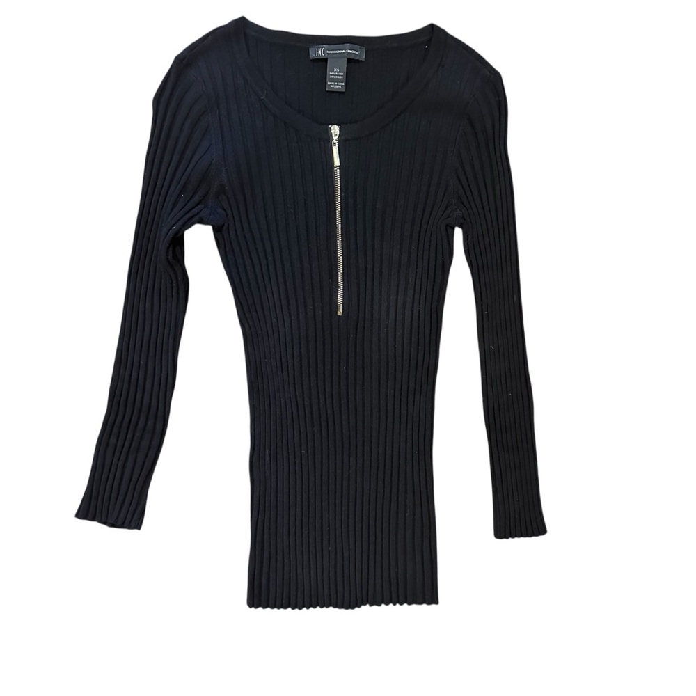 INC Black 3/4 Long Sleeve Ribbed Top with Gold Zipper